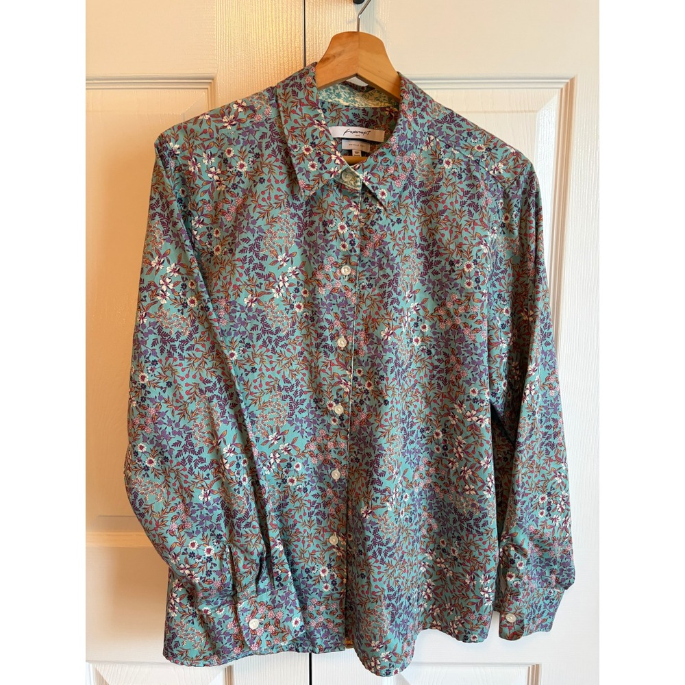 Foxcroft NYC Wrinkle Free Floral Cotton Button Down Shirt Teal Purple 18P Shaped